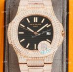 Swiss AAA Replica Patek Philippe Nautilus 9015 Ultra-thin Watch Rose Gold Iced Out Black Dial 40mm